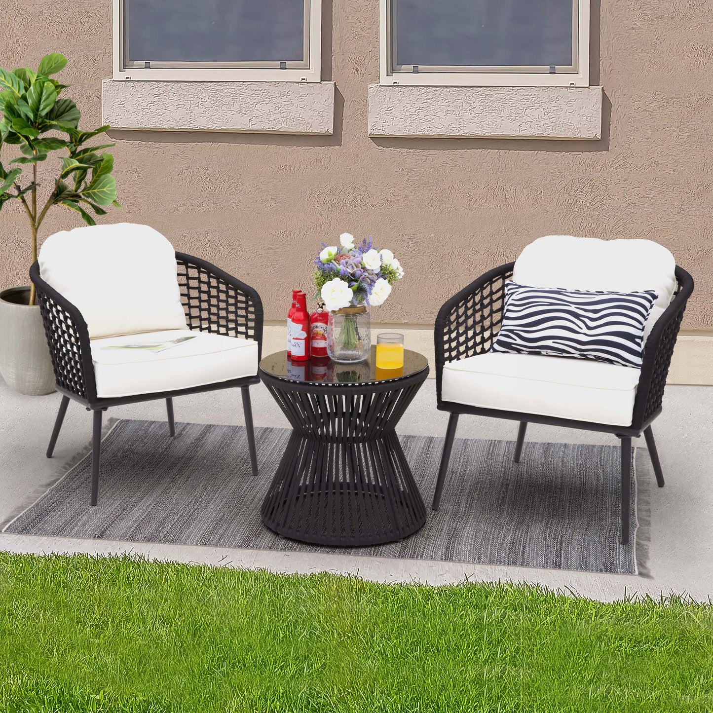 Nuu Garden 5 -Piece Black Woven Bistro Patio Dining Set Steel Round Table with 2 White Cushions Stationary Chairs