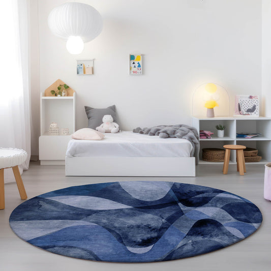 Addison Rugs Chantille 8 x 8 (ft) Navy Round Indoor/Outdoor Paisley Mid-Century Modern Machine washable Area rug
