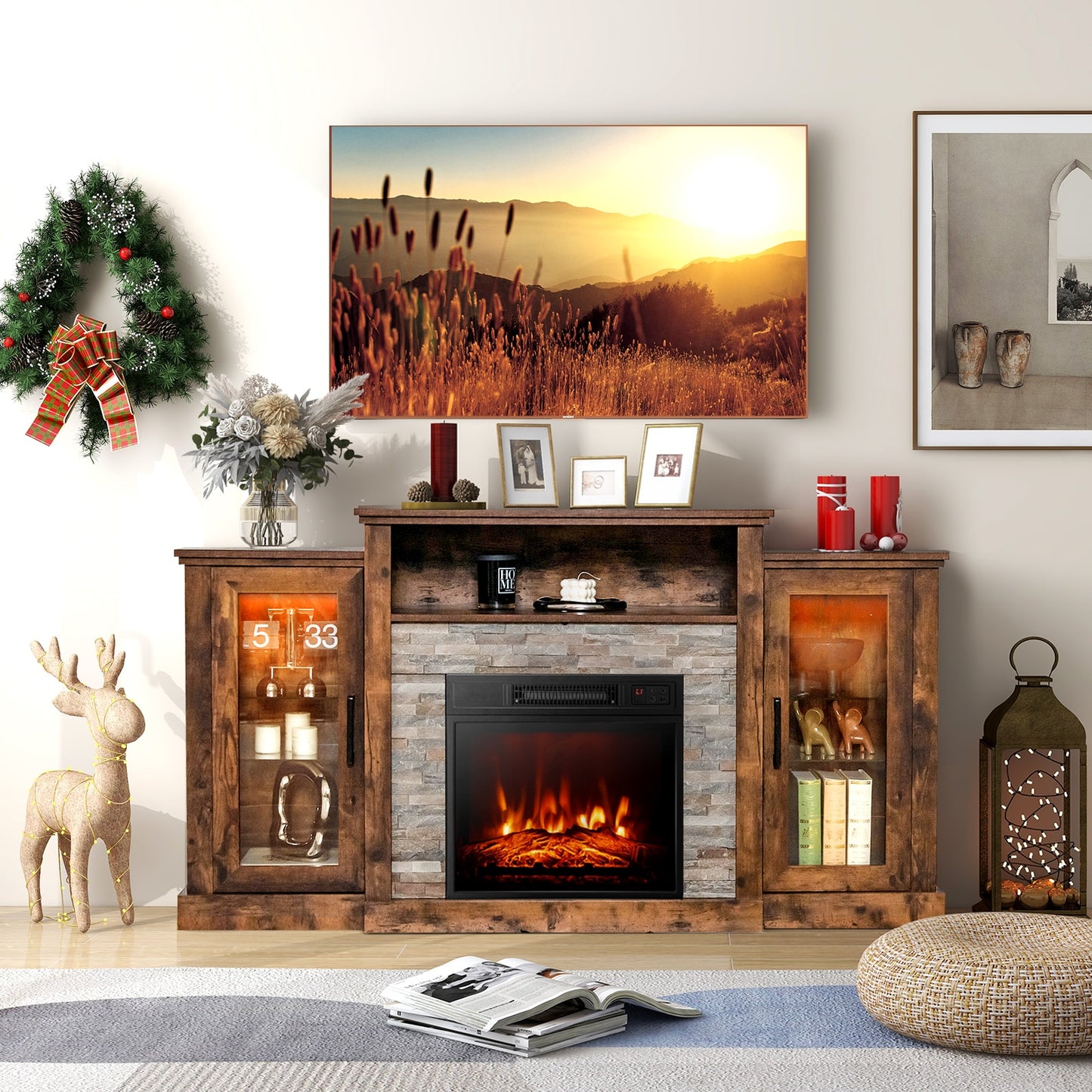 BABOOM 59-in W Brown TV Stand with Fan-forced Electric Fireplace BOM-81US-BN-CO