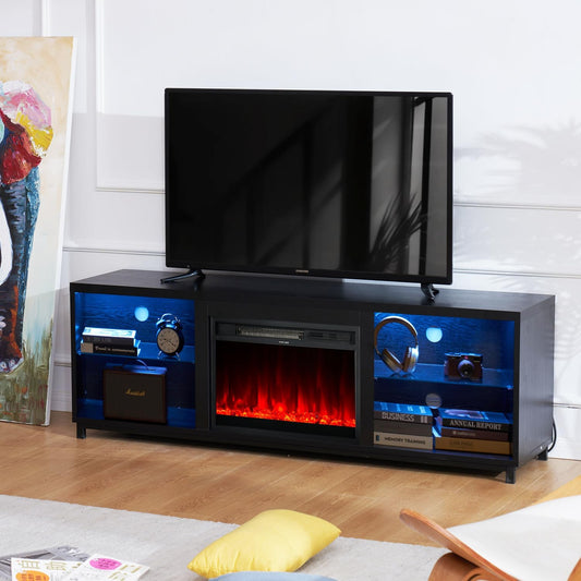 AOXUN 68-in W Black TV Stand with LED Electric Fireplace H21017BK+H20021