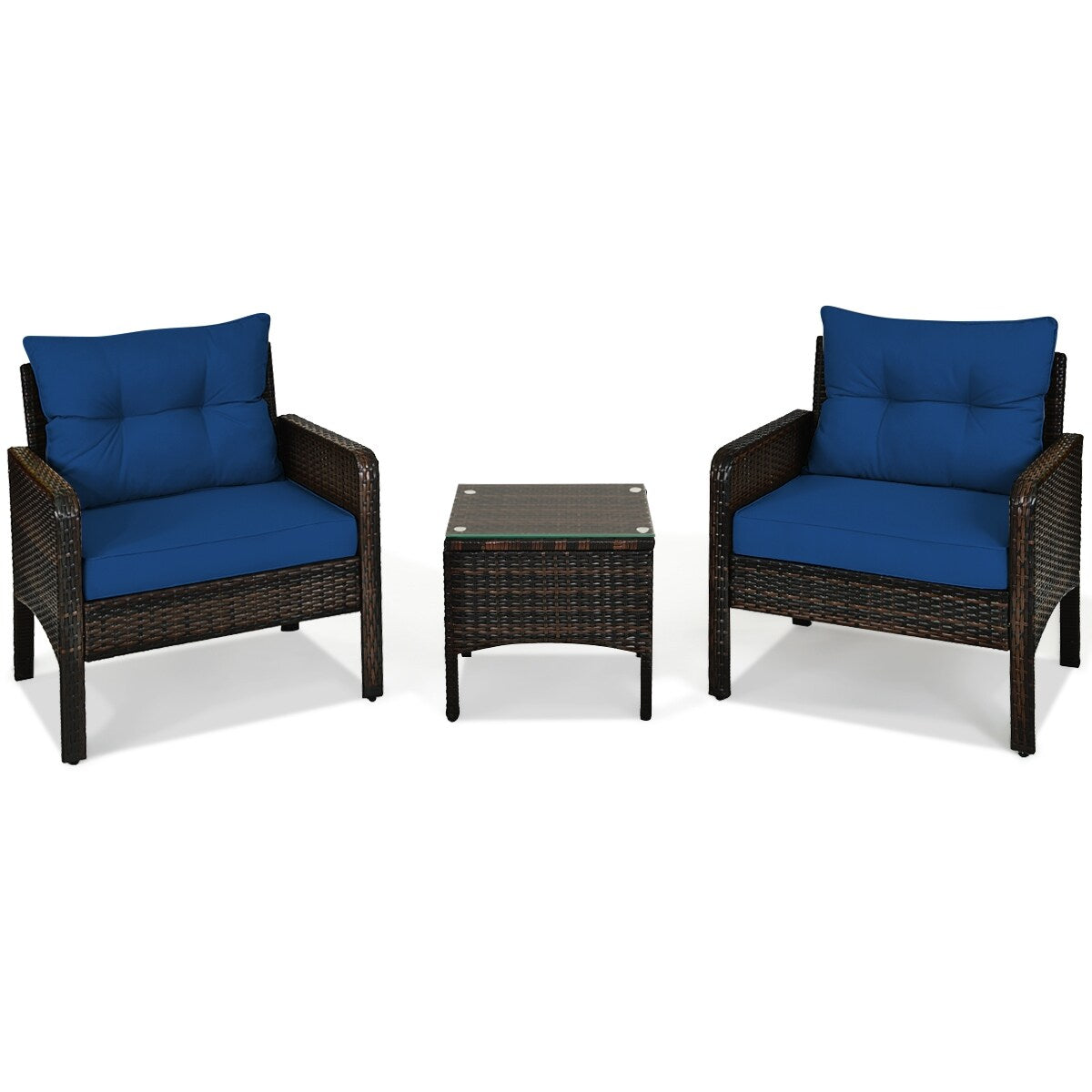 WELLFOR Patio Conversation Set 3 -Piece Rattan Patio Conversation Set with Blue Cushions
