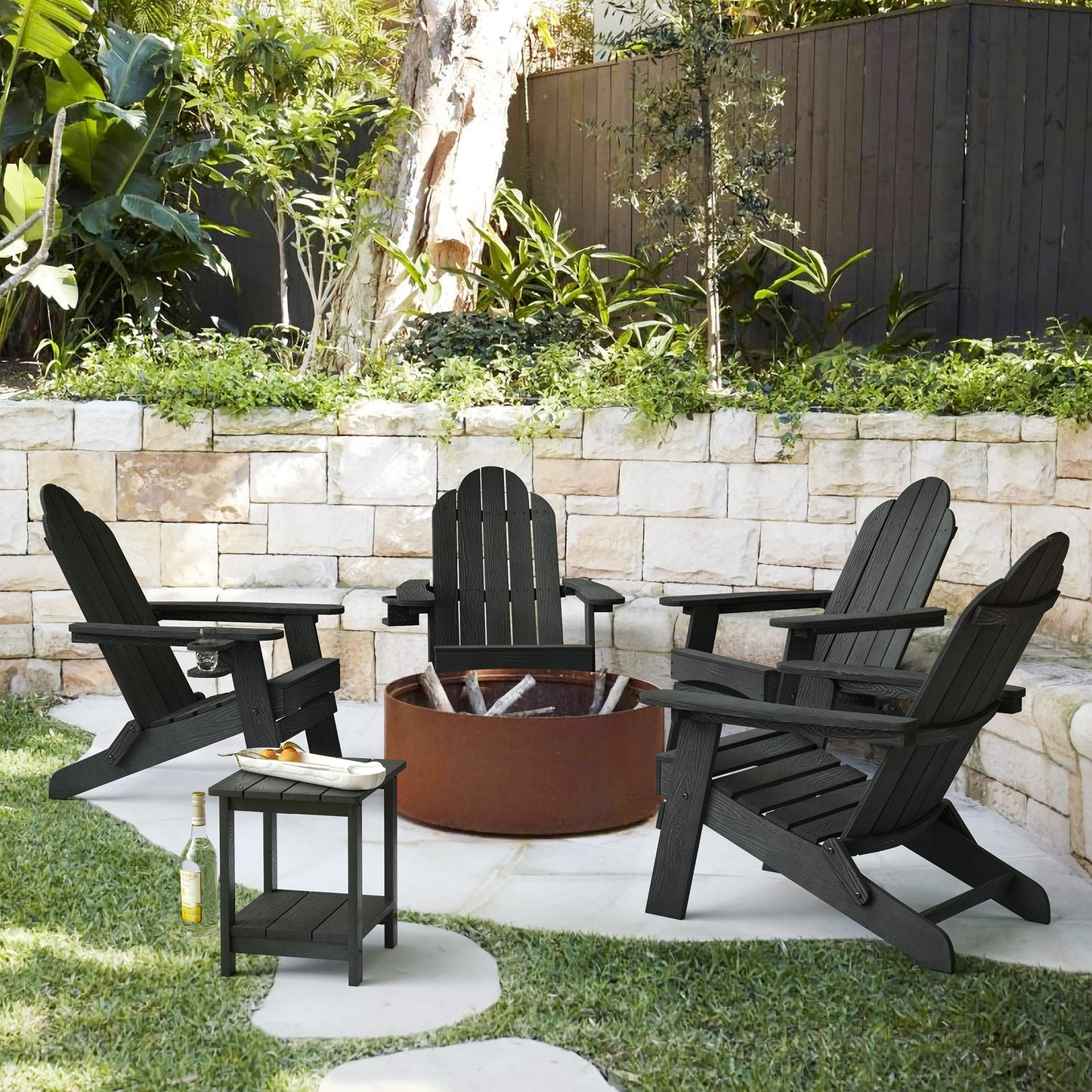 LUE BONA Set of 4 Brown HDPE Frame Stationary Adirondack Chair with Slat Seat