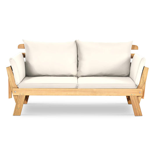 Forclover Adjustable Patio Convertible Sofa with Thick Cushion Outdoor Loveseat with Beige Cushions and Wood Frame