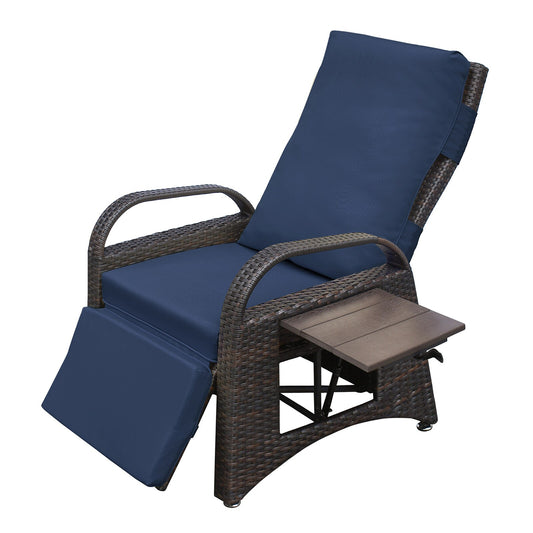 AHIOU HOME Hartford Rattan Brown Iron Frame Glider Recliner Chair with Blue Cushioned Seat