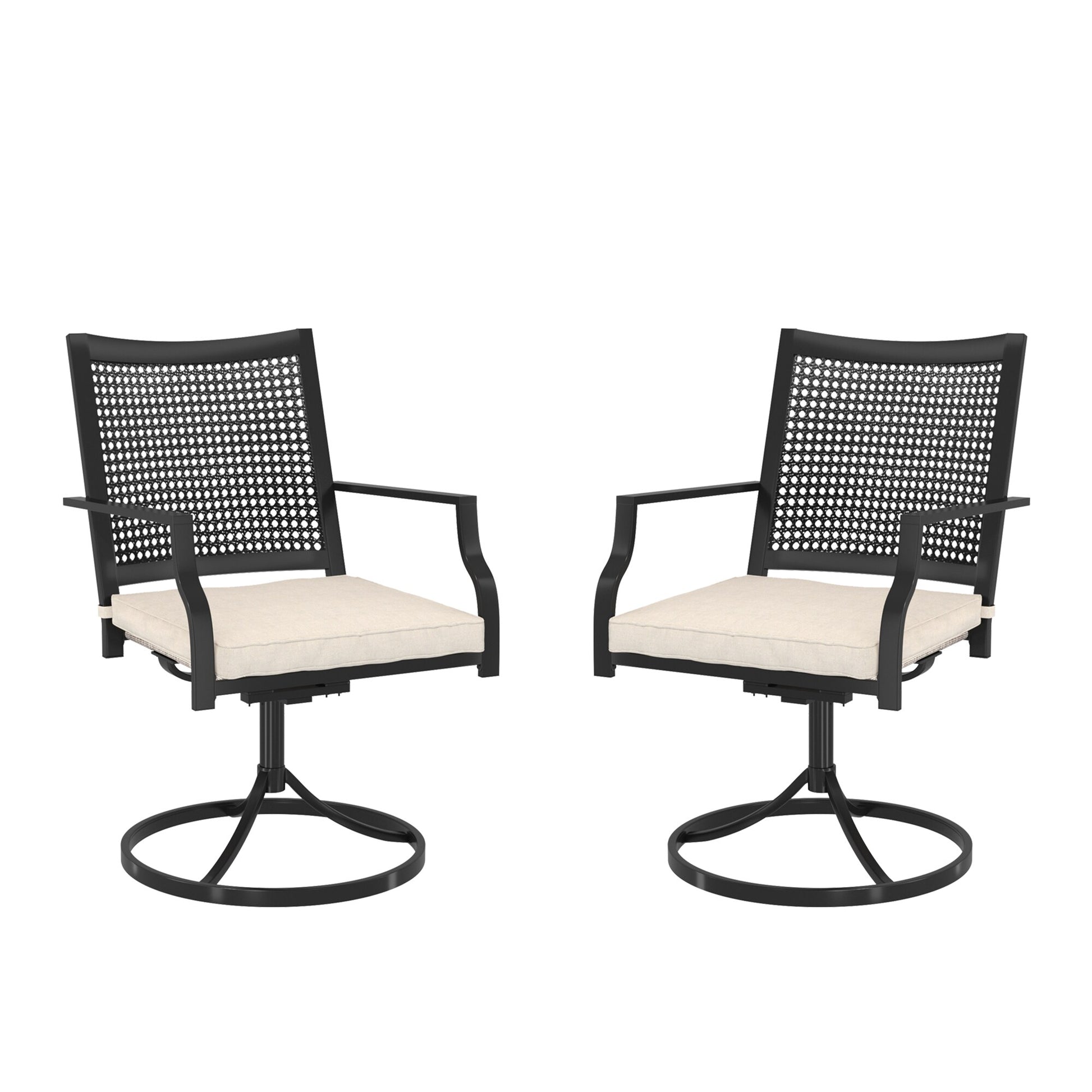 Clihome Set of 2 Textilene Iron Dining Swivel Chairs with Cushion Set of 2 Woven Black Iron Frame Swivel Dining Chair with Off-white Cushioned Seat