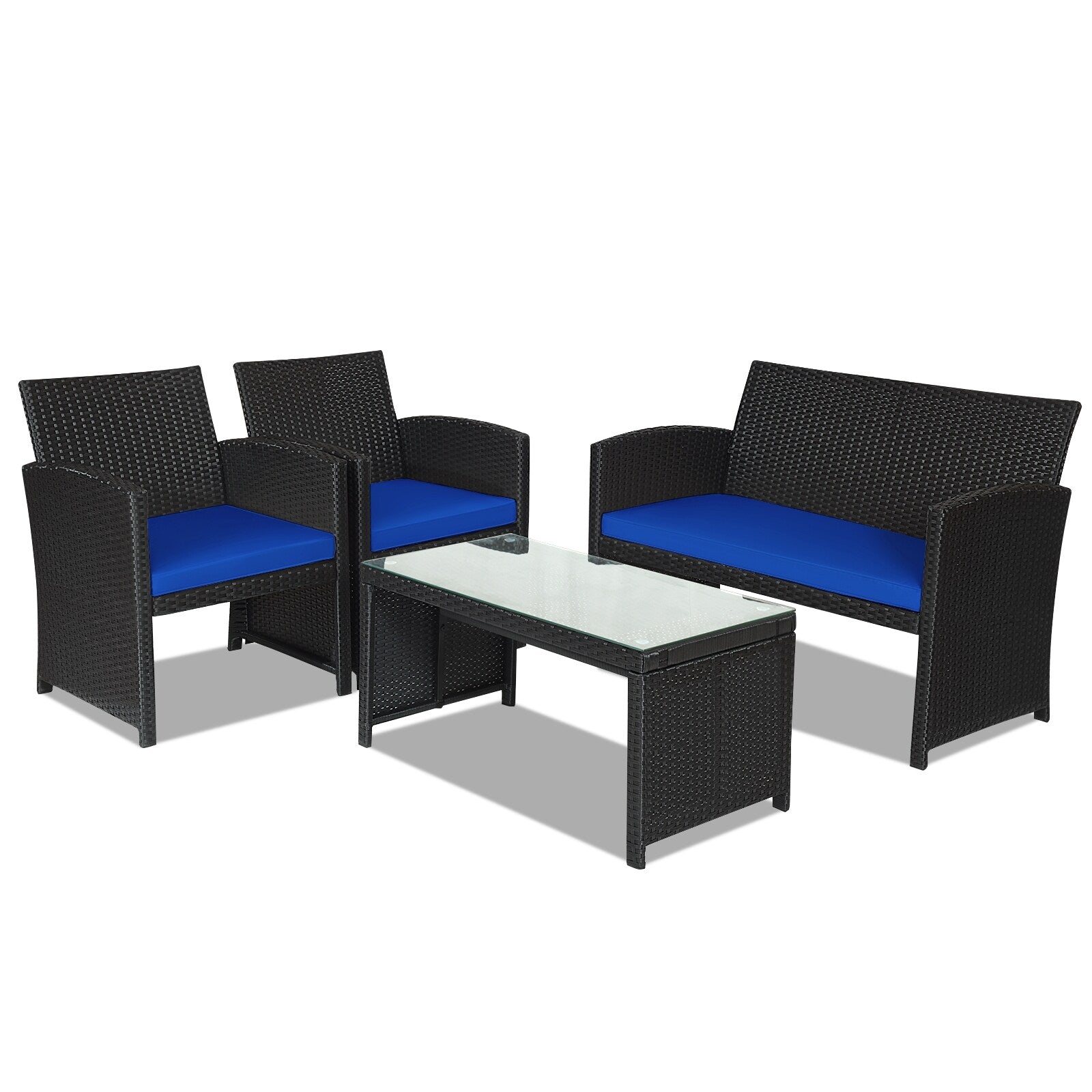 Forclover Patio Conversation Sets 4 -Piece Rattan Patio Sofa Conversation Set with Blue Cushions