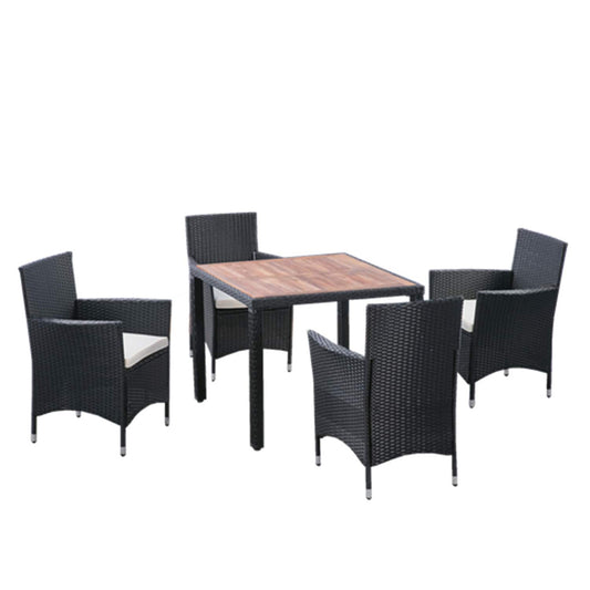 SINOFURN 5 -Piece Black Wicker Patio Dining Set Wicker Square Table with 4 Off-white Cushions Stationary Chairs
