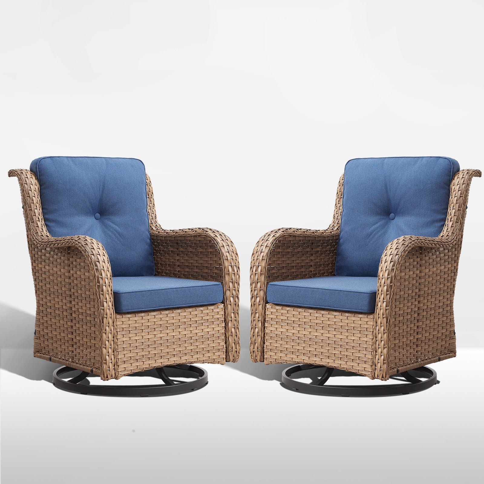 Rilyson Curved handrail Set of 2 Wicker Yellow Wicker Frame Swivel glider Conversation Chair with Blue Blue Cushioned Seat
