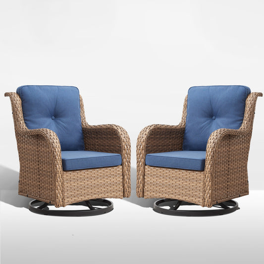 Rilyson Curved handrail Set of 2 Wicker Yellow Wicker Frame Swivel glider Conversation Chair with Blue Blue Cushioned Seat
