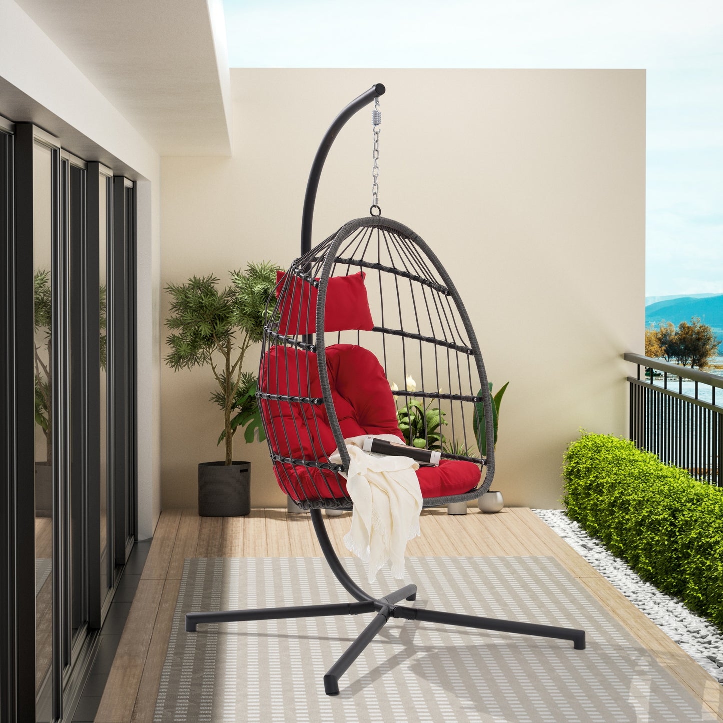 CESICIA PatioÂ Chairs Rattan Red Rattan Frame Hanging Egg Chair with Red Cushioned Seat
