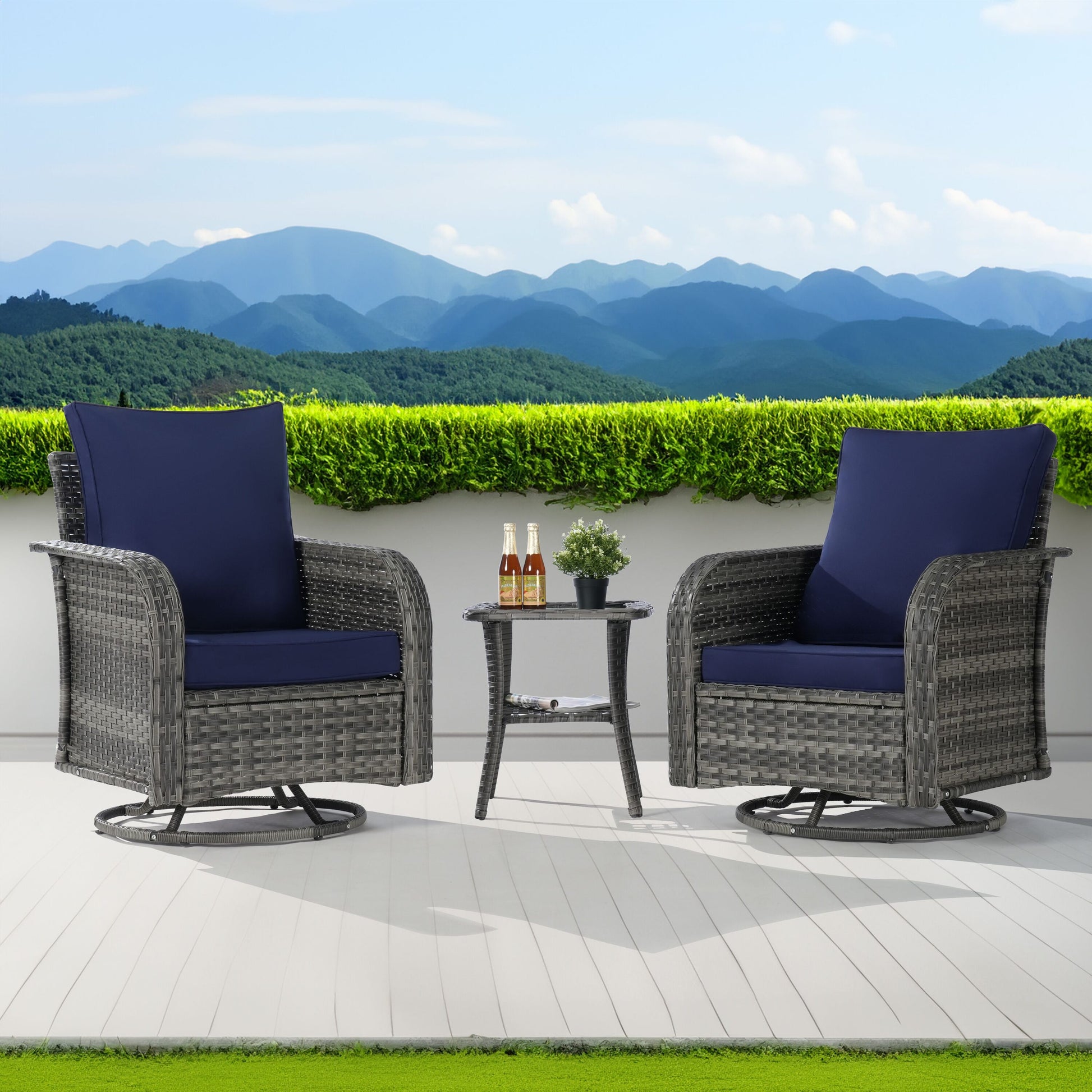 SANSTAR Patio Conversation Set 3 -Piece Wicker Patio Conversation Set with Blue Cushions