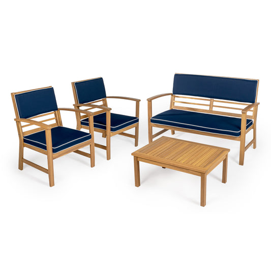 JONATHAN  Y Barclay Modern Coastal 4 -Piece Patio Conversation Set with Blue Cushions