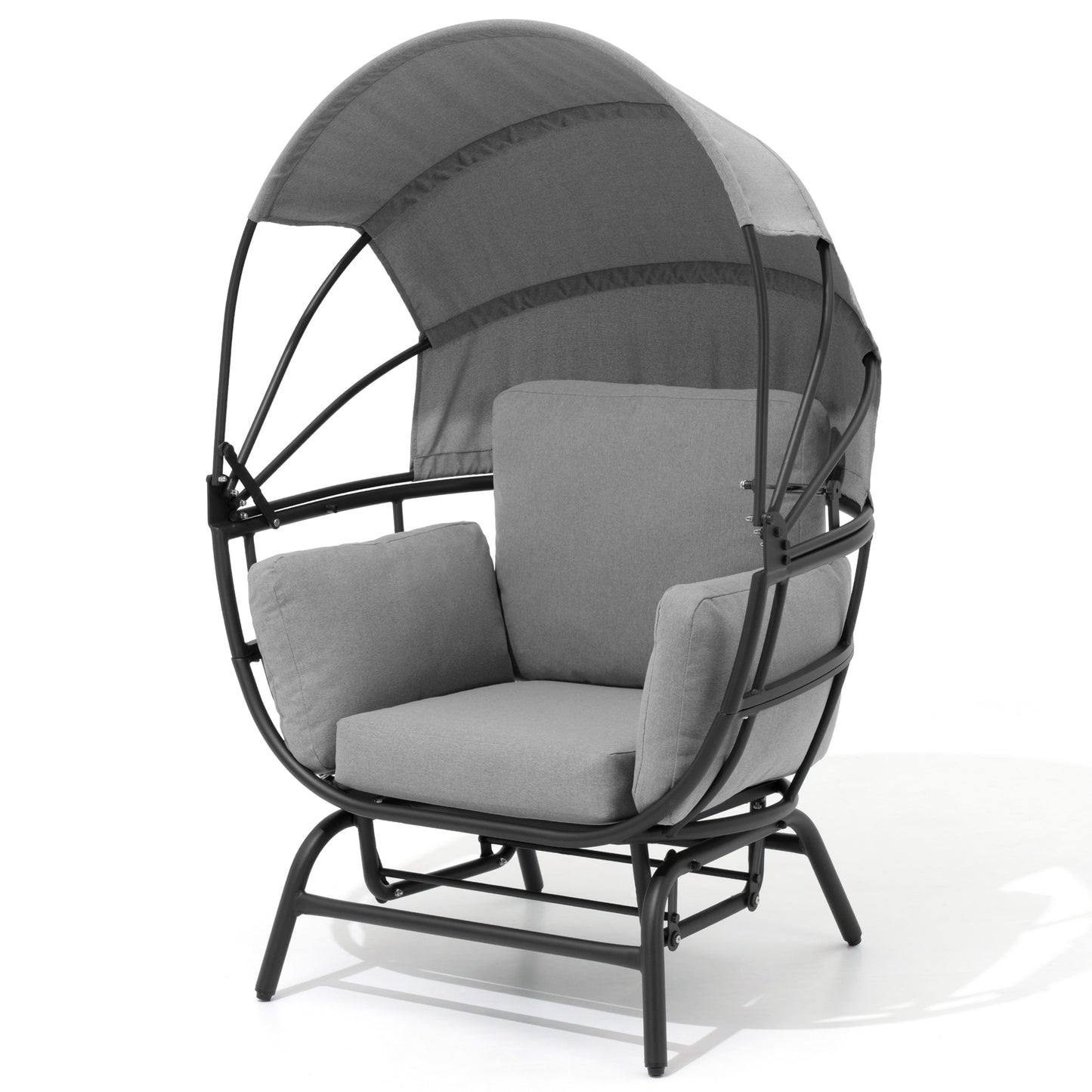 Crestlive Products Outdoor Rocking Egg Chair With Retractable Canopy Black Metal Frame Egg Chair with Gray Cushioned Seat