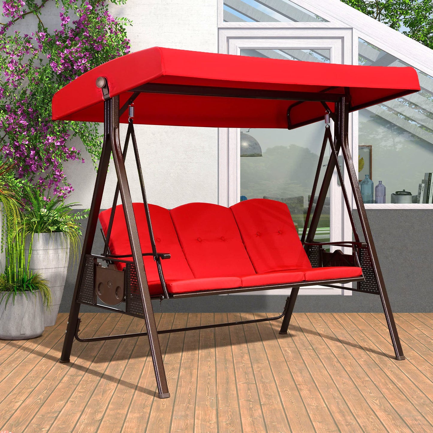 PURPLE LEAF Outdoor Porch Swing 3 -person Bronze Aluminum Outdoor Swing