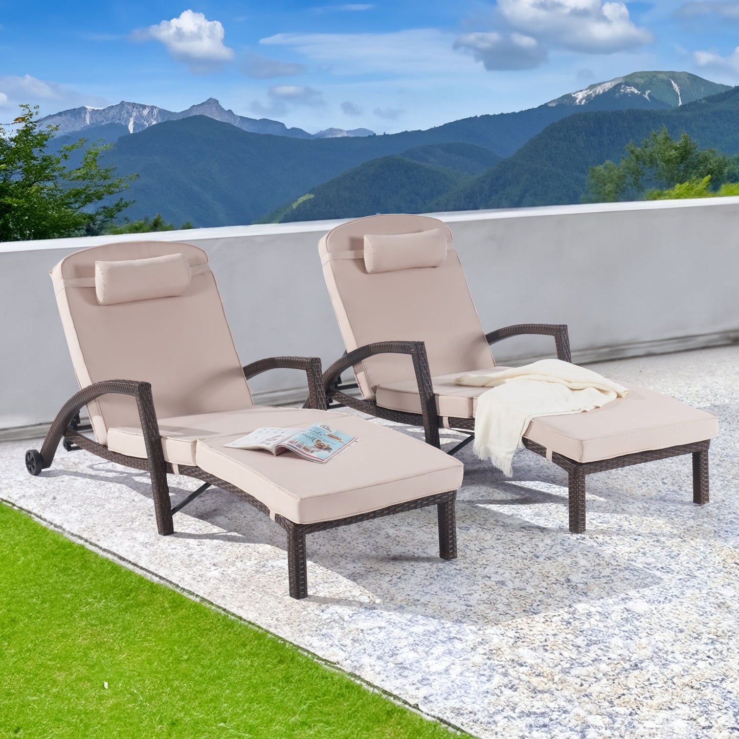SANSTAR Patio Chairs Set of 2 Wicker Black Metal Frame Stationary Chaise Lounge Chair with Tan Cushioned Seat