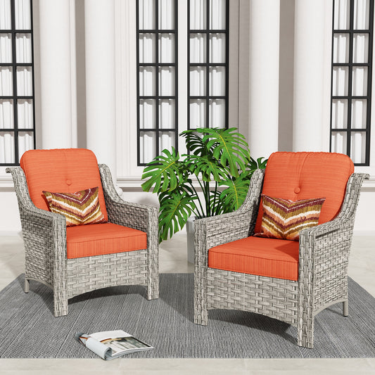 XIZZI Pyrophyllite Set of 2 Wicker Beige Frame With Orange Red Cushions Metal Frame Stationary Conversation Chair with Orange Cushioned Seat