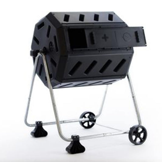 FCMP Outdoor IM4000-WK 37 Gal Dual Chamber Tumbler Composter Bin - Quick Curing, Easy Assembly, Child Safe, Black, Hinged Lid 160986