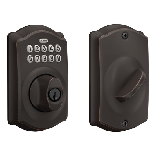 Schlage Camelot Aged Bronze Electronic Deadbolt with Keypad BE365 V CAM 716