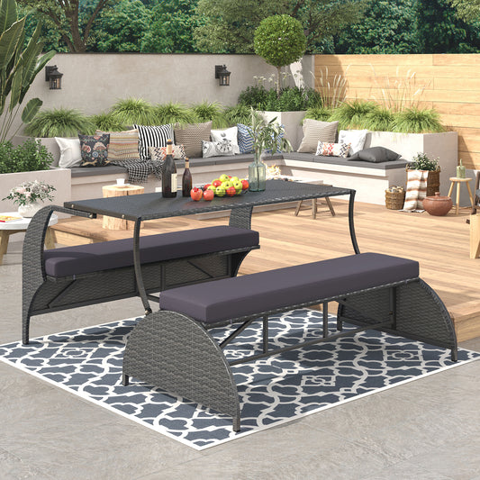 ModernLuxe Gray Rattan Patio Dining Set Iron Rectangle Table with 1 Gray Cushions Stationary Chairs