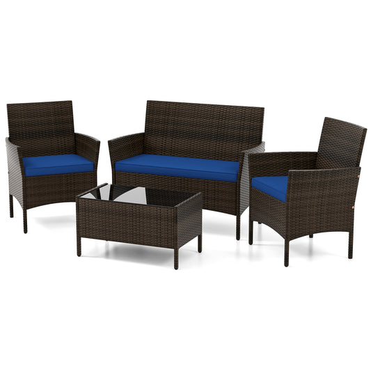 LIVIZA 4 -Piece Rattan Patio Conversation Set with Blue Cushions
