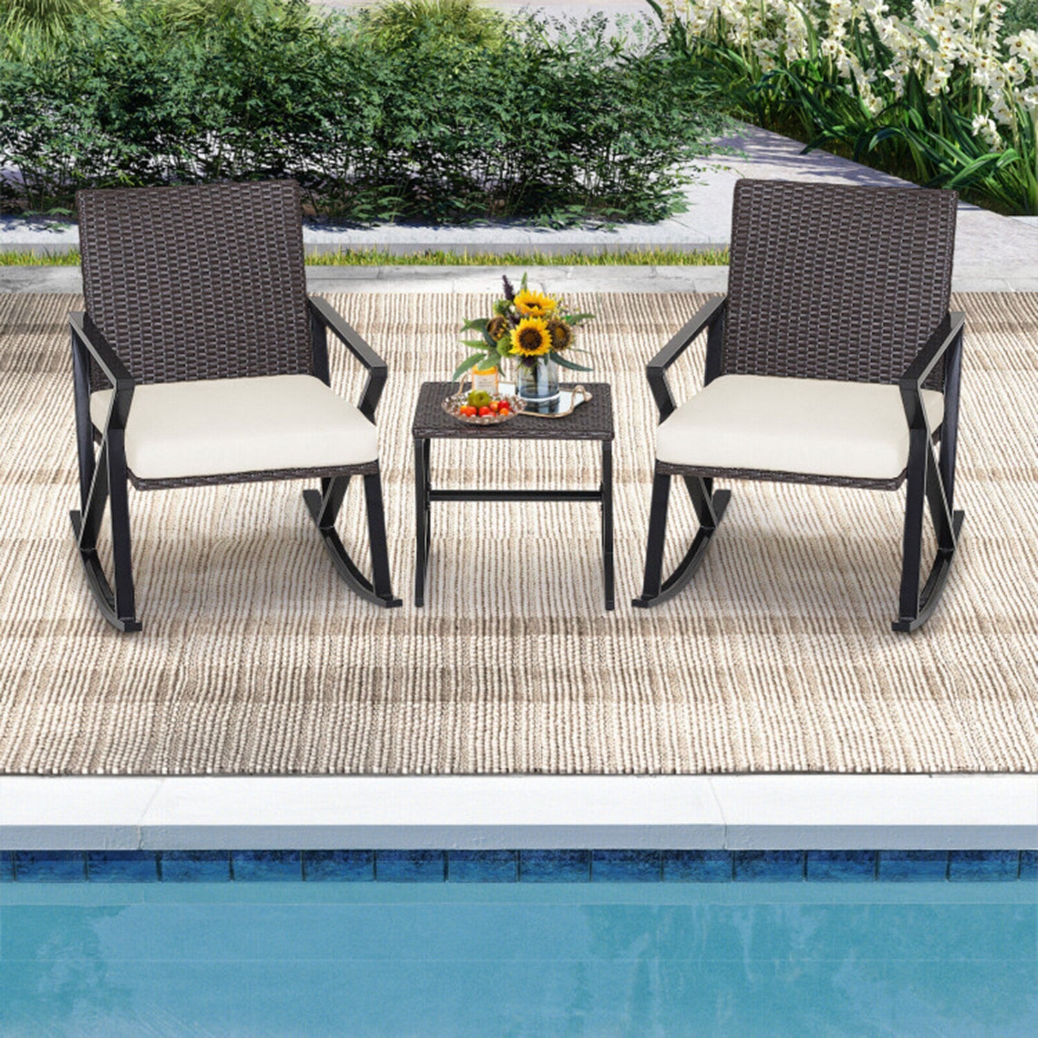 Mondawe 3 -Piece Wicker Patio Conversation Set with White Cushions