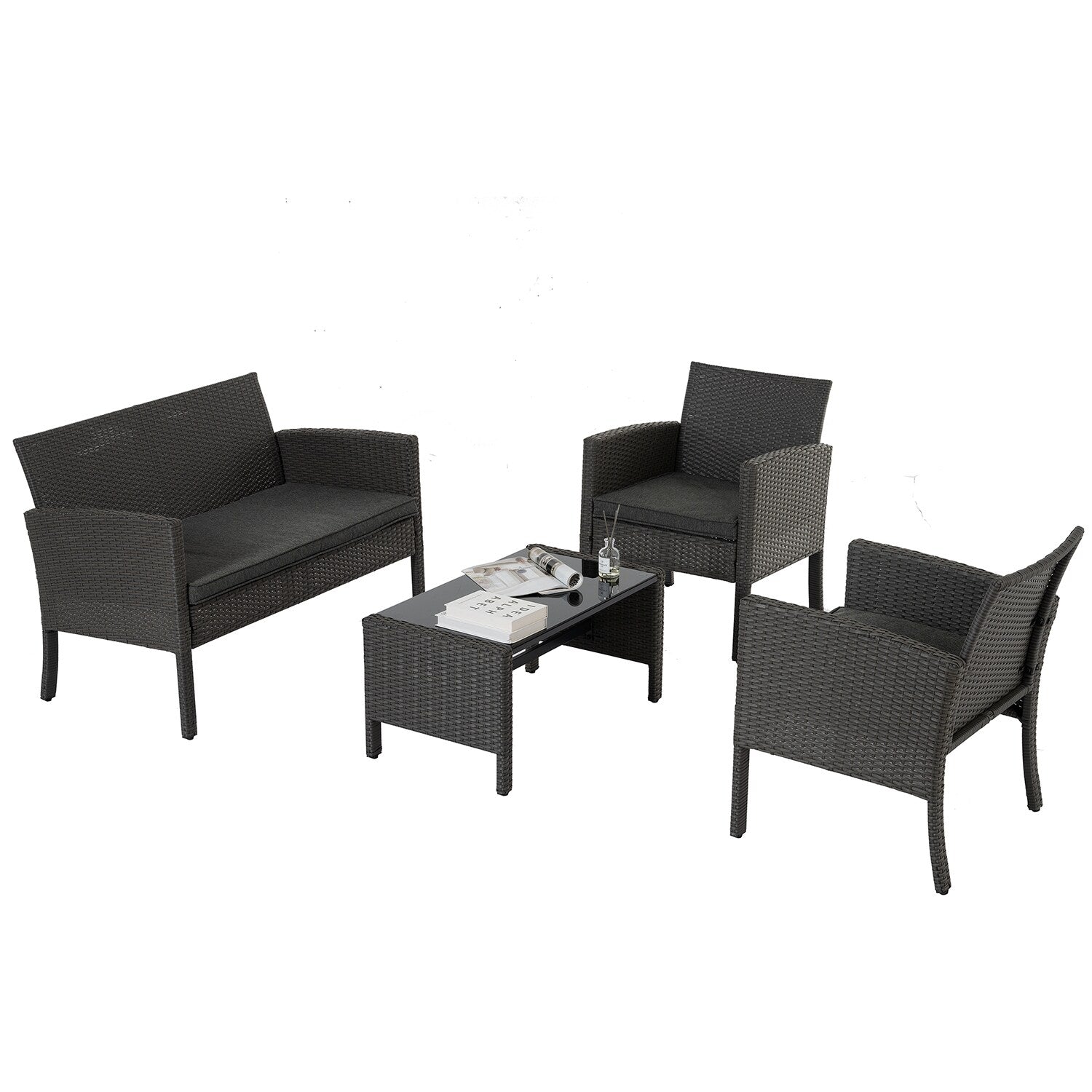 SINOFURN 4 -Piece Wicker Patio Conversation Set with Gray Cushions