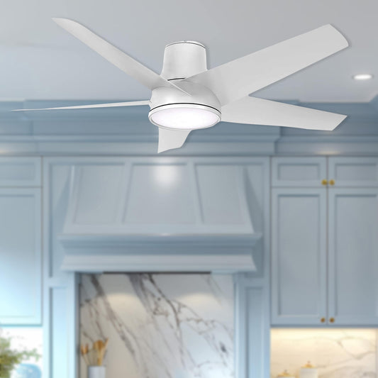Minka Aire Chubby II 58-in Flat White Integrated LED Indoor/Outdoor Flush Mount Smart Ceiling Fan with Light and Remote (5-Blade) F782L-WHF