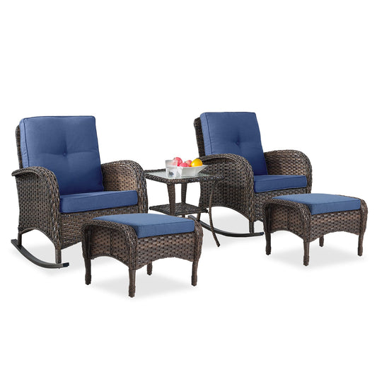 Rilyson 5 -Piece Wicker Patio Conversation Set with Blue Cushions