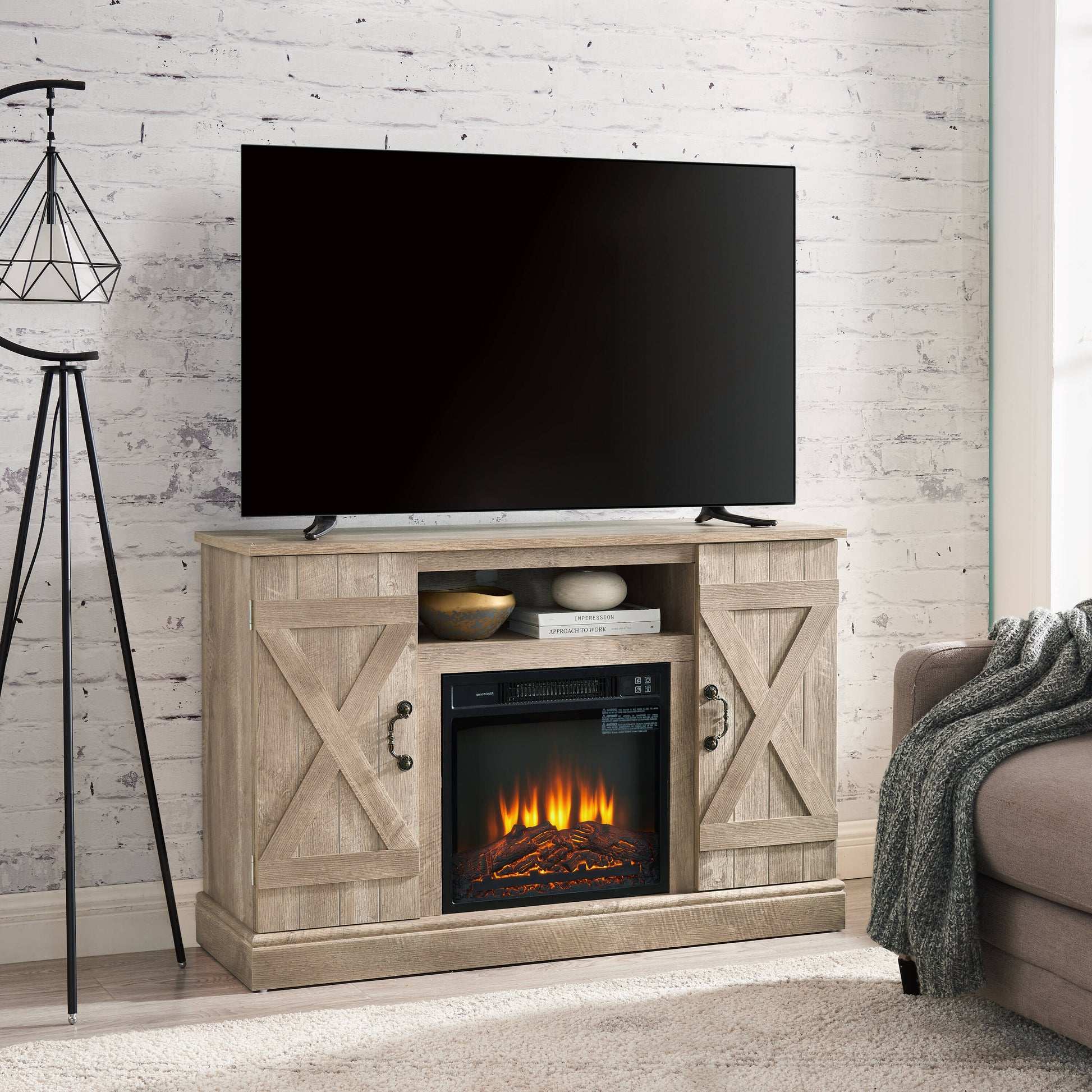 Mondawe 47-in W Light Gray TV Stand with Fan-forced Electric Fireplace MO-YL8S001