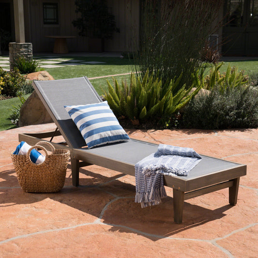 Hrinhom Chaise Lounge Gray Wood Frame Stationary Conversation Chair with Mesh Seat