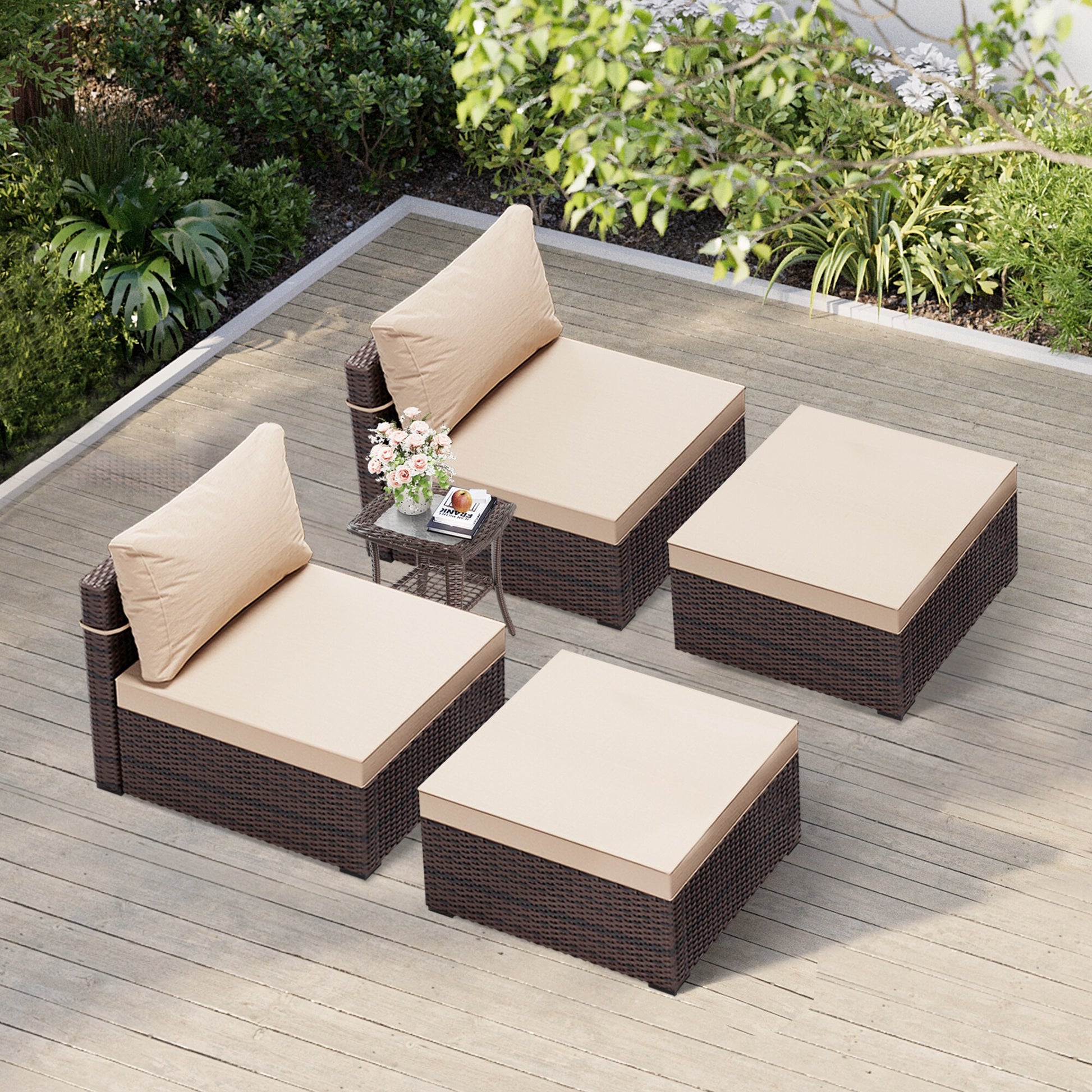 Patio Watcher 5-Piece Rattan Patio Conversation Set with Off-white Cushions