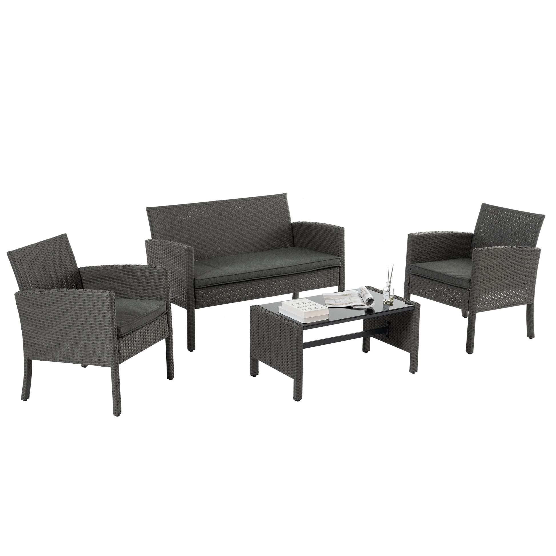 Maocao Hoom 4 -Piece Wicker Patio Conversation Set with Gray Cushions