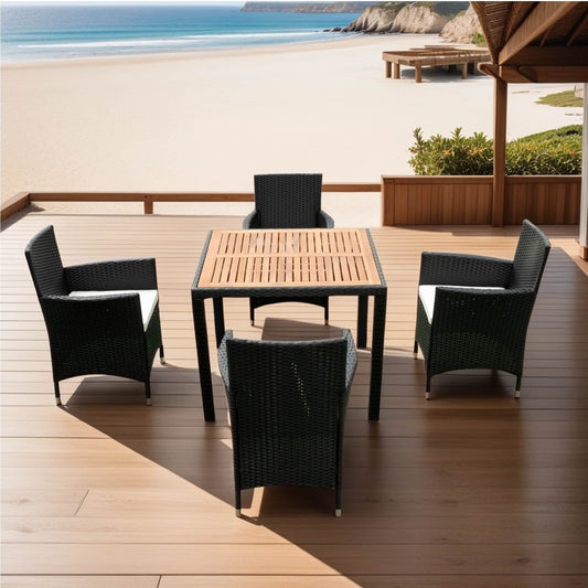 JIMSMAISON 5 -Piece Black Rattan Patio Dining Set Wood Square Table with 4 White Cushions Stationary Chairs