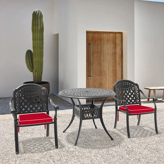 nicesure 3 -Piece Black Patio Dining Set Aluminum Round Table with 2 Cushions Stackable Stationary Chairs
