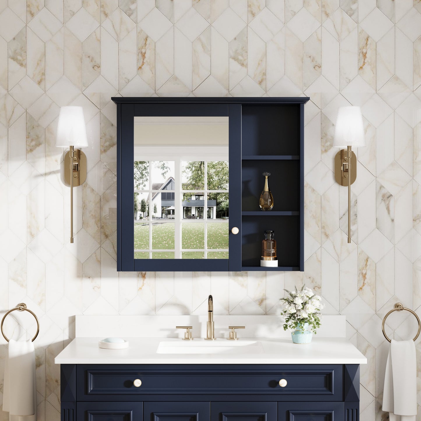 Forclover Assembled Solid Wood 34-in x 30-in Surface Mount Navy Blue Mirrored Rectangle Soft Close Medicine Cabinet