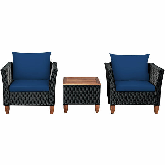 LIVIZA 3 -Piece Wicker Patio Conversation Set with Navy Cushions