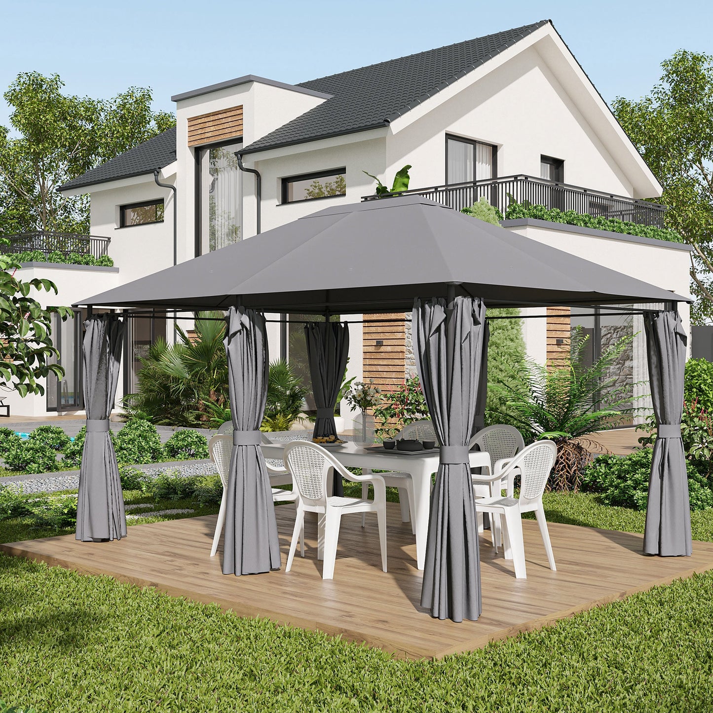 Forclover 13-ft x 10-ft Patio Double-Layer Roof Canopy Gazebo Gray with Soft Top Roof (Screen Included)