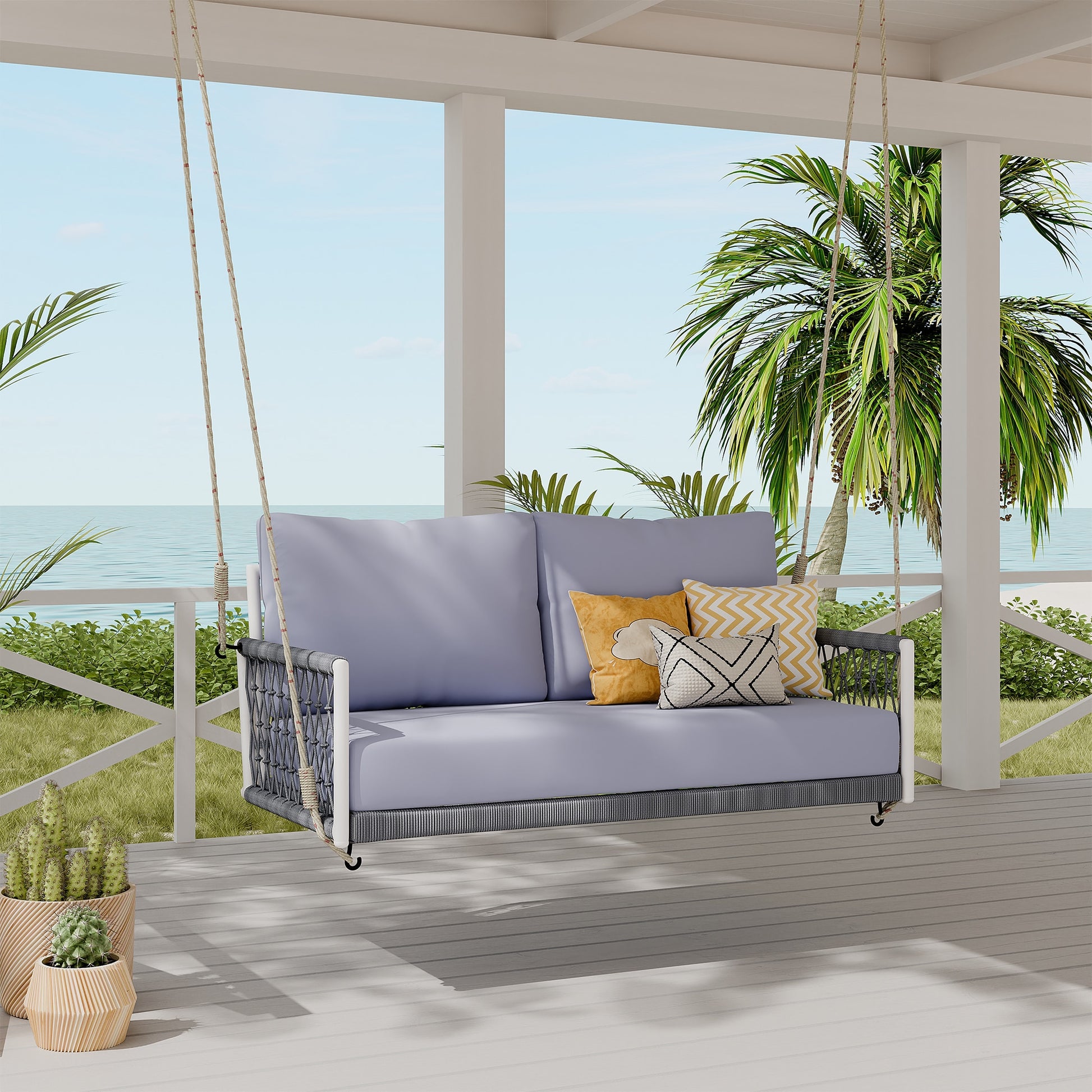 Moda Furnishings Braided Escape Woven Outdoor Loveseat with Gray Cushions and Steel Frame