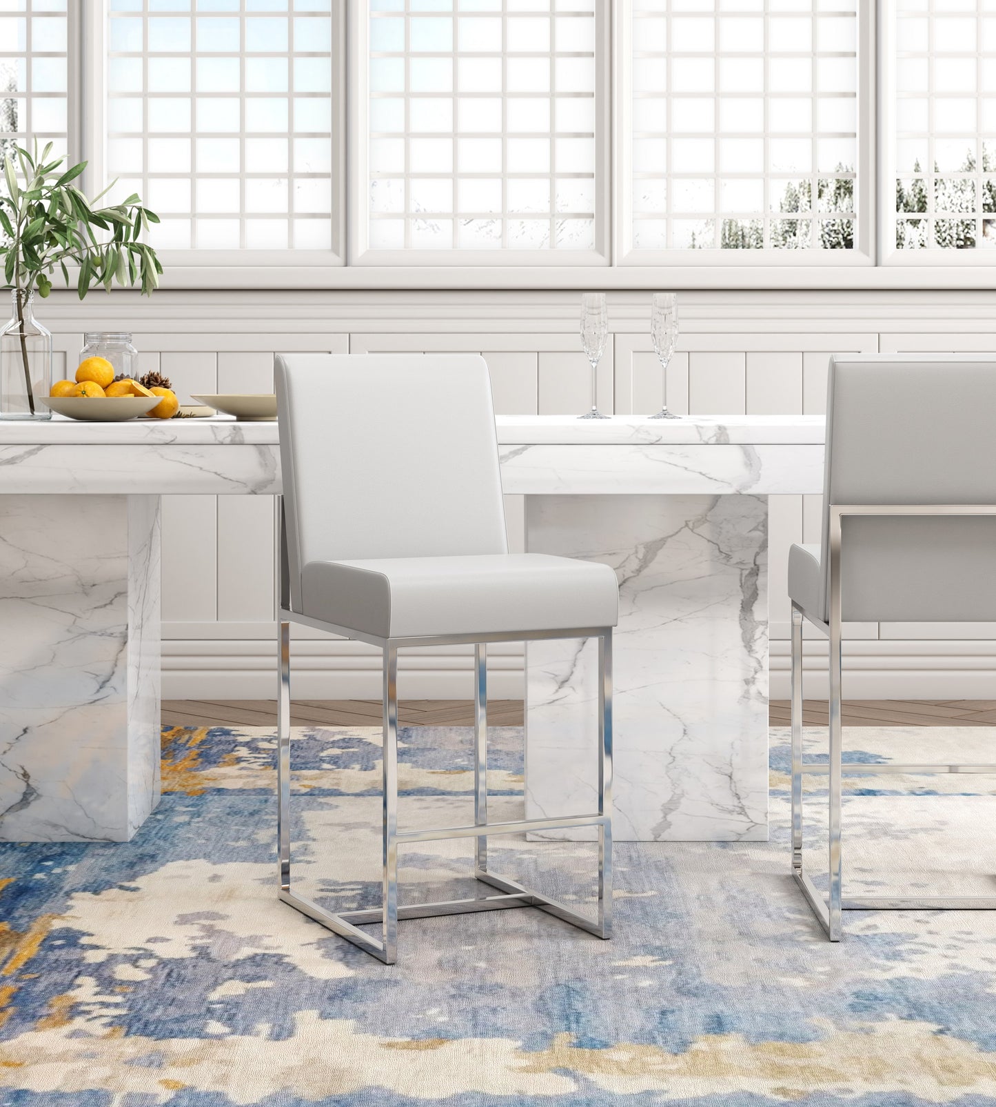 Manhattan Comfort Pearl White and Polished Chrome 29.5-in H Bar height Upholstered Metal Bar Stool