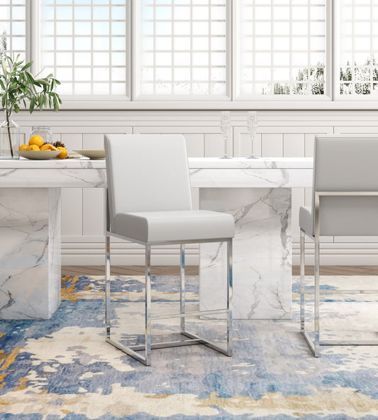 Manhattan Comfort Pearl White and Polished Chrome 29.5-in H Bar height Upholstered Metal Bar Stool