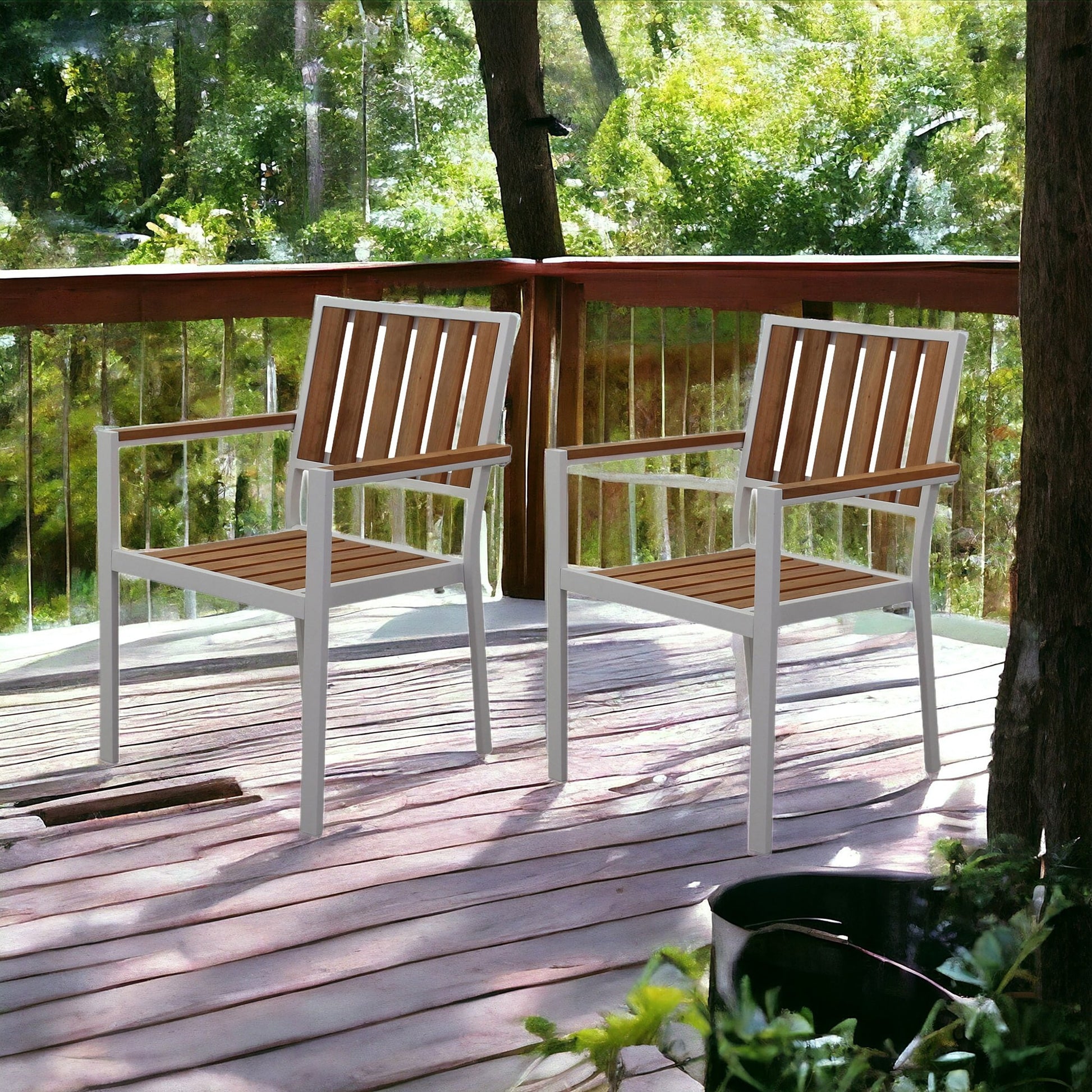 Courtyard Casual Catalina White Set of 2 Stackable White Blonde Steel Frame Stationary Dining Chair with Slat Seat