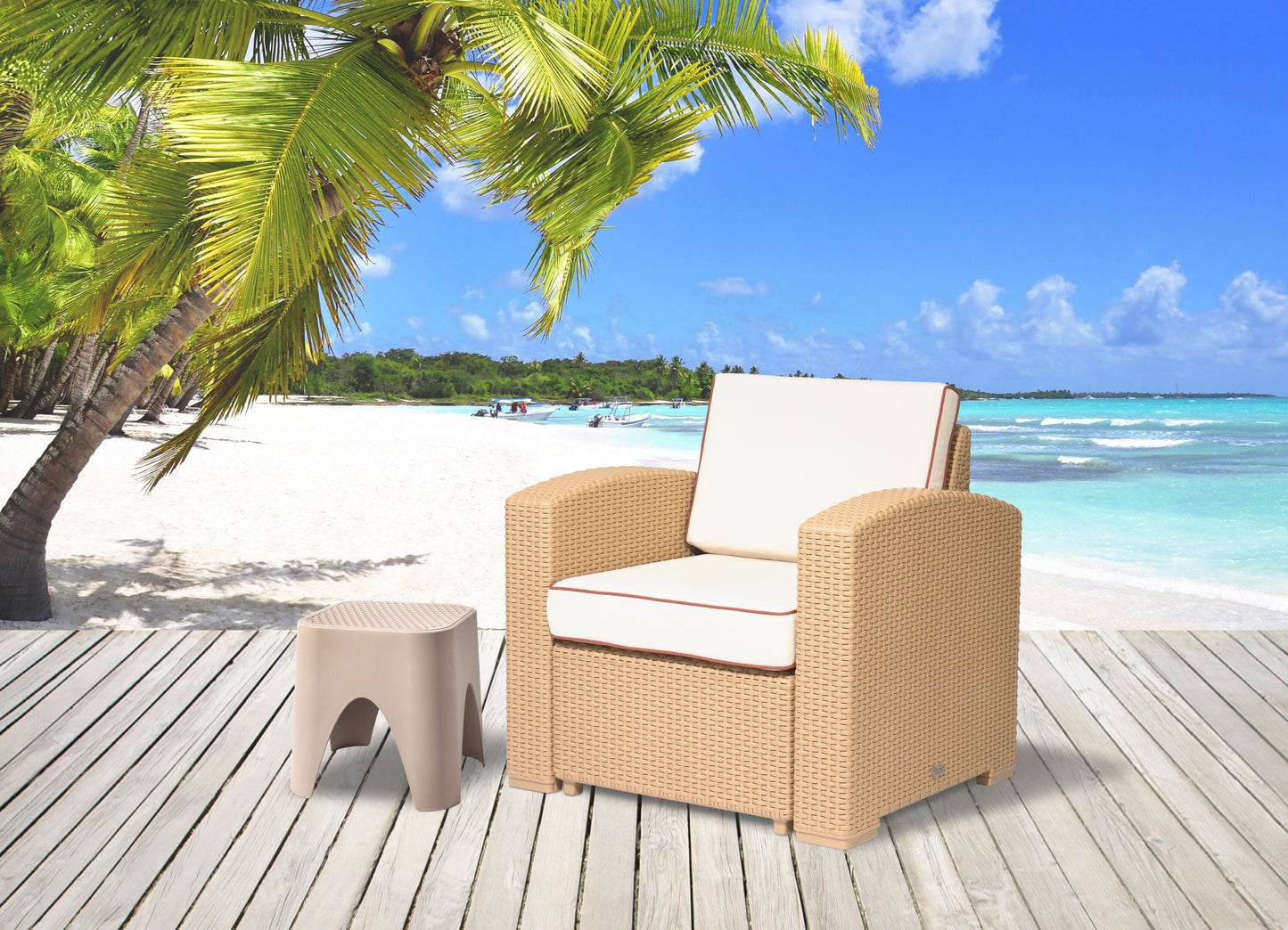 Lagoon Magnolia Rattan Tan Rattan Frame Stationary Conversation Chair with White Cushioned Seat