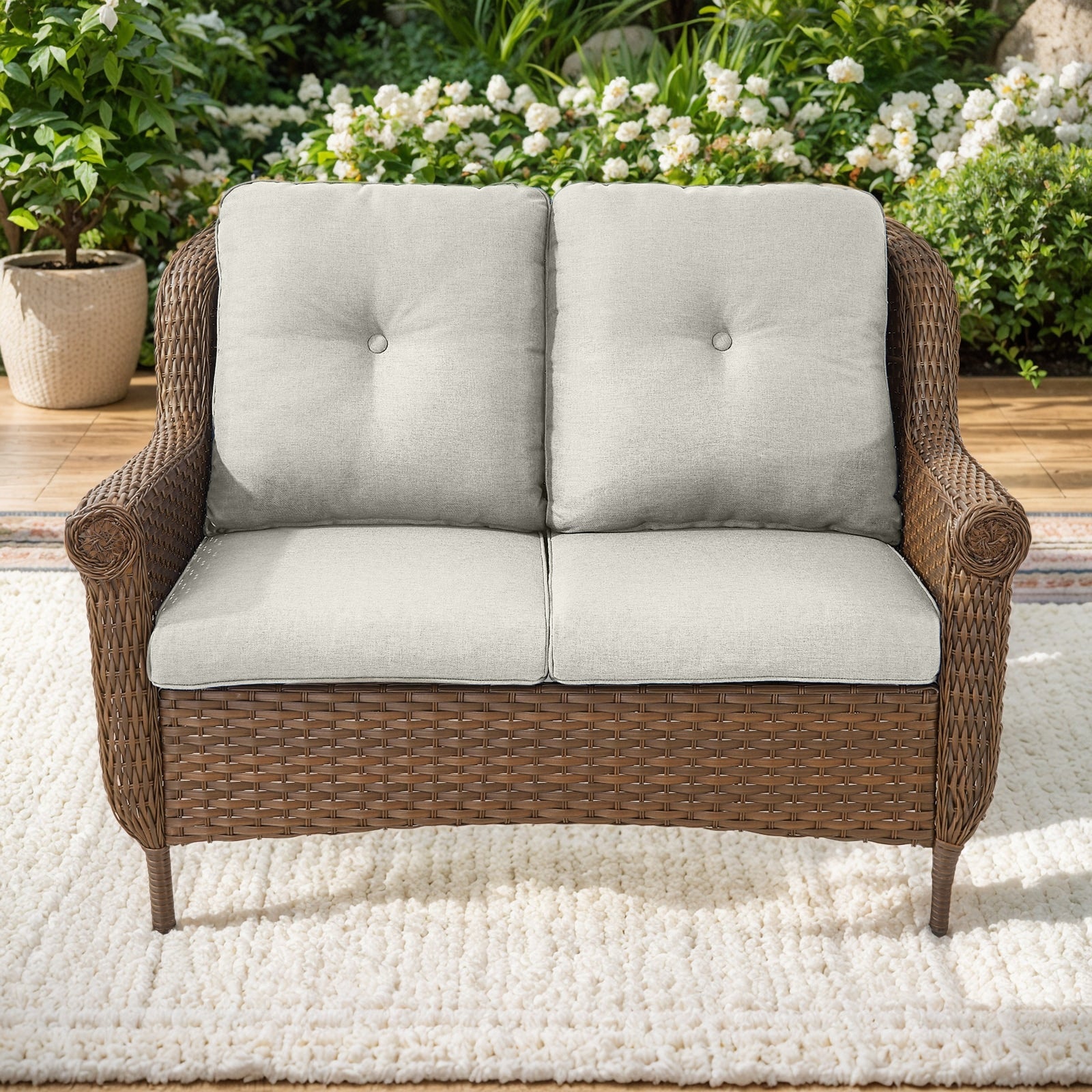 Jeehope PASOFA-T Wicker Outdoor Loveseat with Beige Cushions and Steel Frame