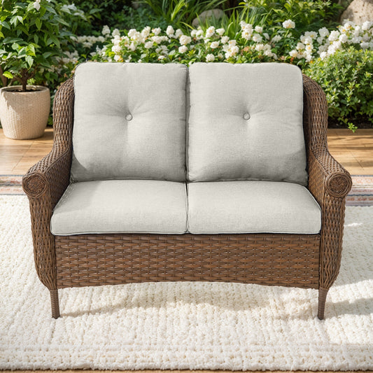 Jeehope PASOFA-T Wicker Outdoor Loveseat with Beige Cushions and Steel Frame