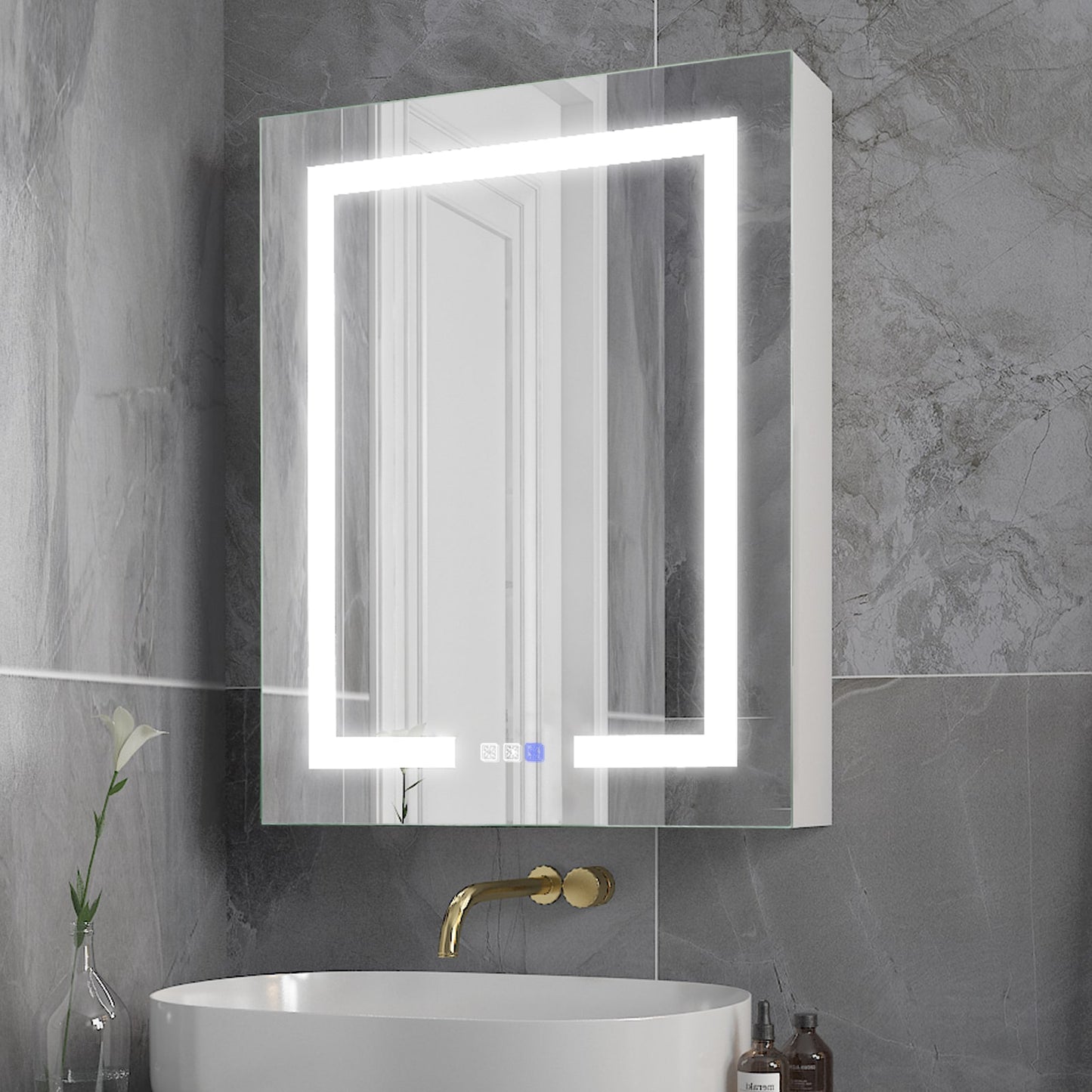 WELLFOR EX4 24-in x 30-in Lighted LED Surface/Recessed Mount Silver Mirrored Rectangle Soft Close Medicine Cabinet with Outlet