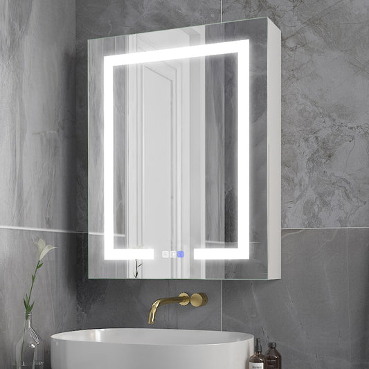 WELLFOR EX4 24-in x 30-in Lighted LED Surface/Recessed Mount Silver Mirrored Rectangle Soft Close Medicine Cabinet with Outlet