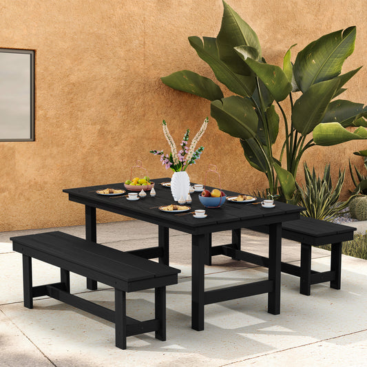 JEAREY 3-Piece HDPE Outdoor Dining Set with Umbrella Hole Table and Two 2-Person Benches 3 -Piece Black Patio Dining Set Plastic Rectangle Table with 2 Stationary Chairs