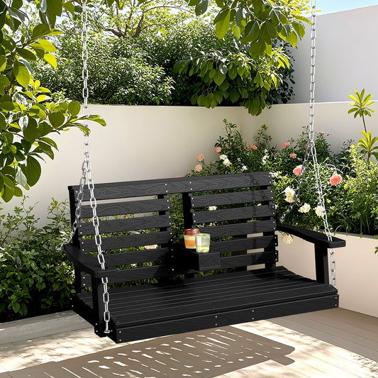 JEAREY Porch Swing Chair With Chains 2 -person Black HDPE Outdoor Swing