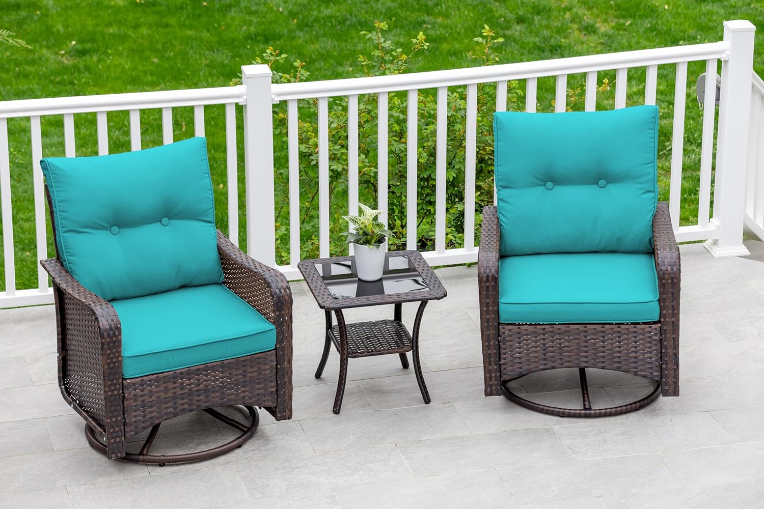 ALAULM Wicker Swivel Rocking Chair Set Set of 2 Wicker Brown Wicker Frame Swivel rocker Rocking Chair with Blue Solid Seat