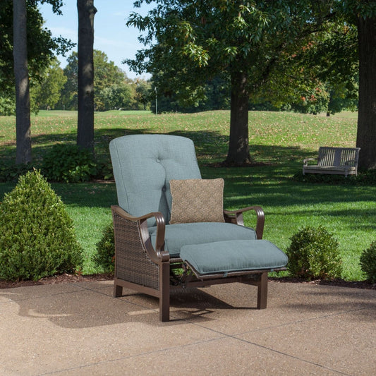 Hanover Ventura Wicker Cocoa Stone Steel Frame Stationary Recliner Chair with Blue Cushioned Seat
